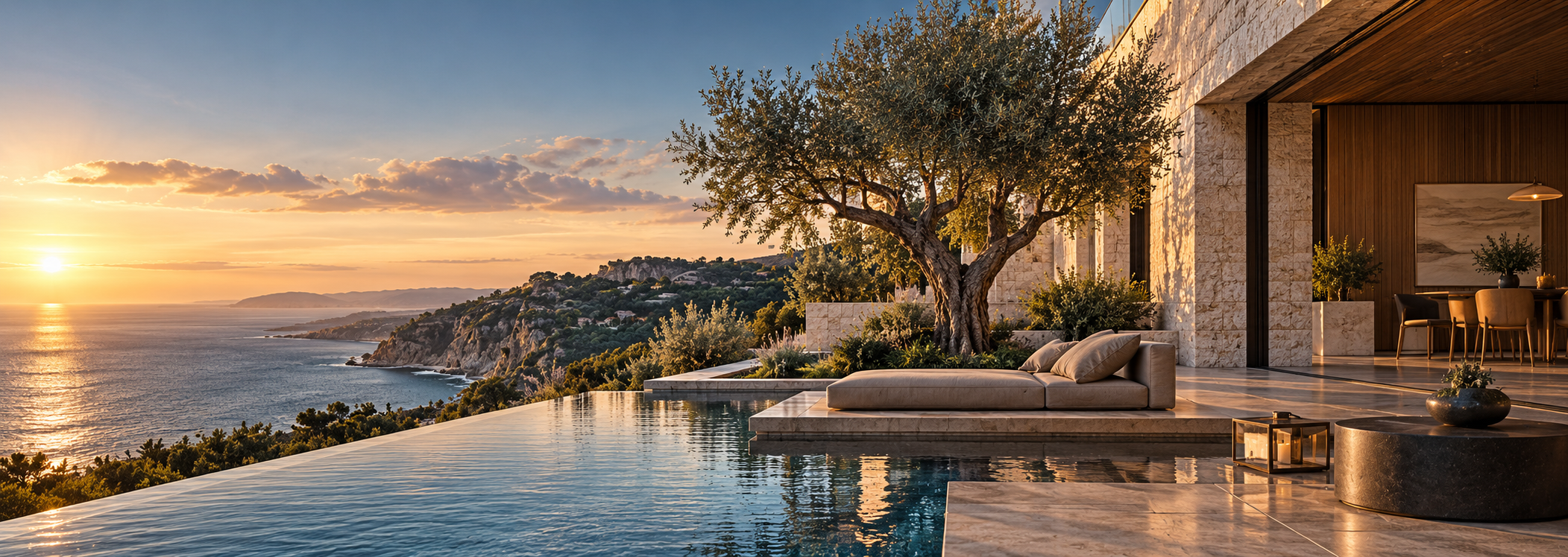 Coastal architecture with an olive tree, natural stone, warm timber and a terrace overlooking the sea.